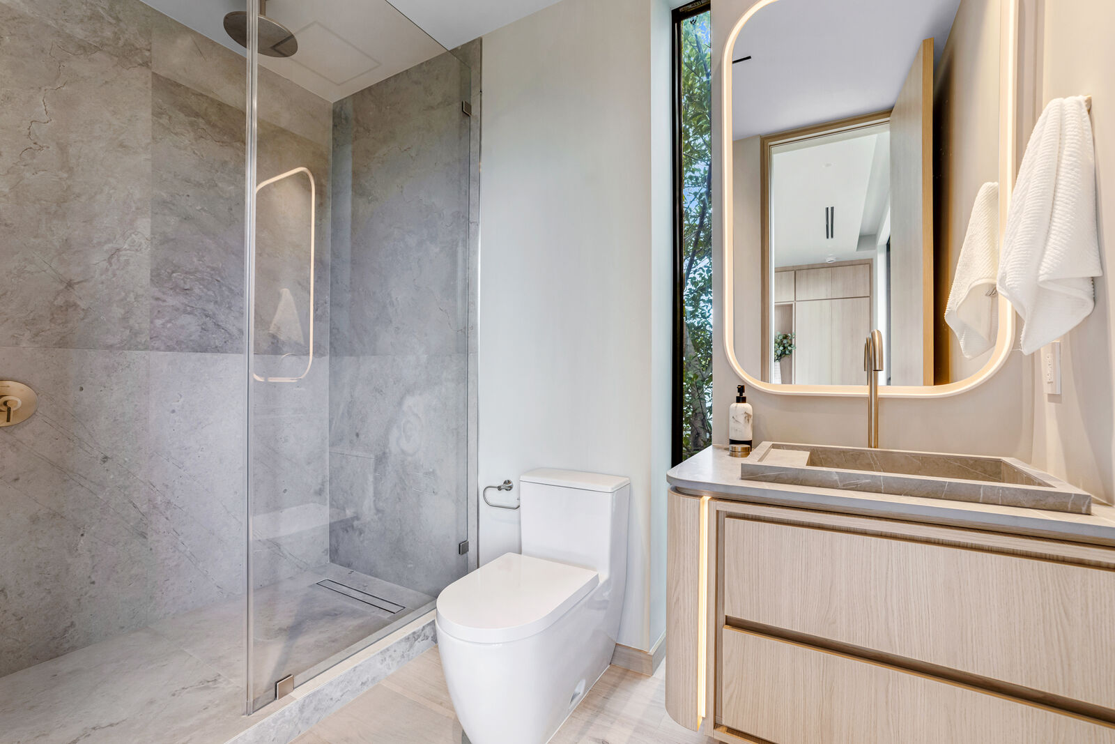 Dragon Millwork — installed stone and wood bath, Jefferson House
