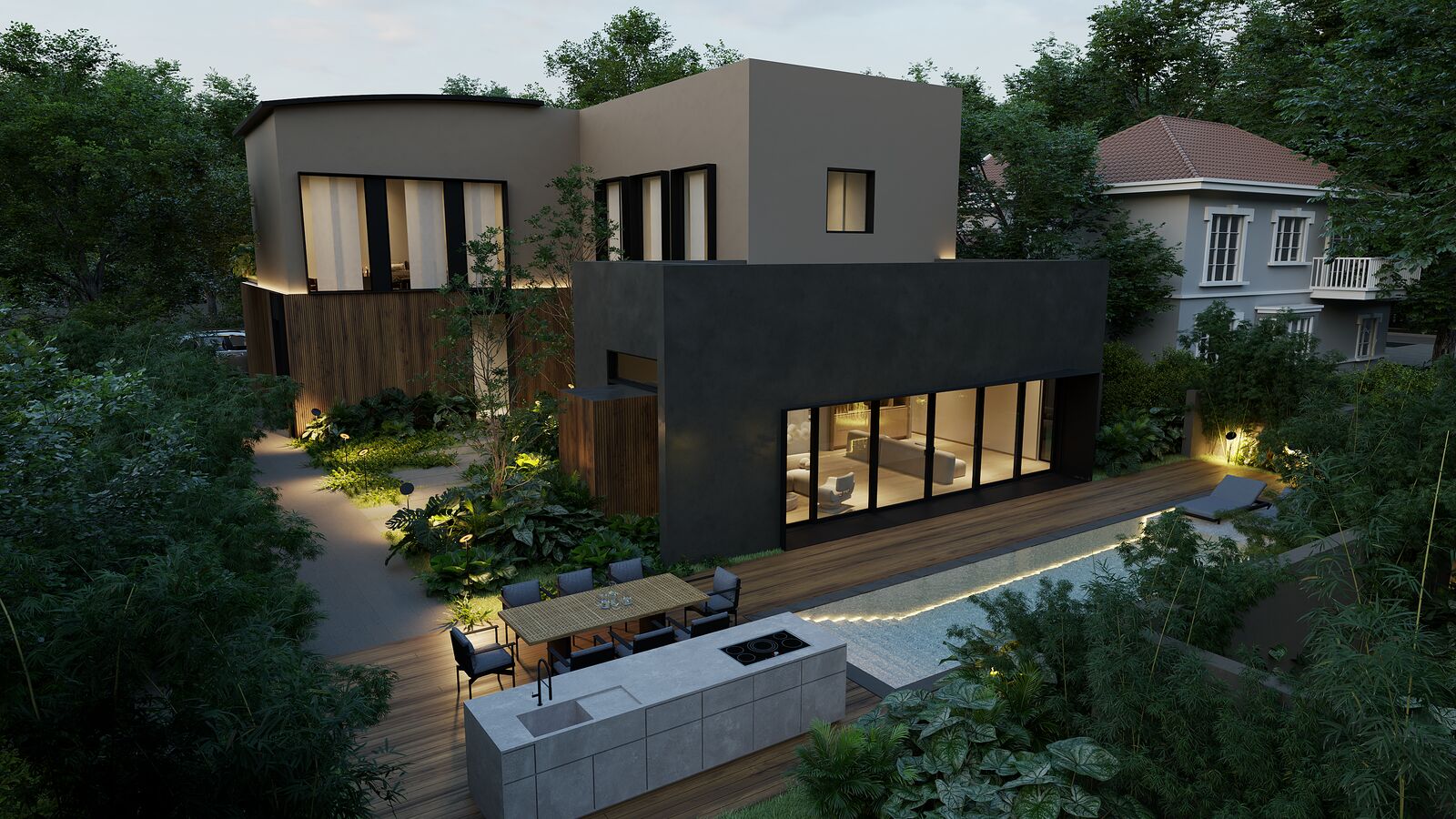 Visualization — Temple House rear façade at dusk
