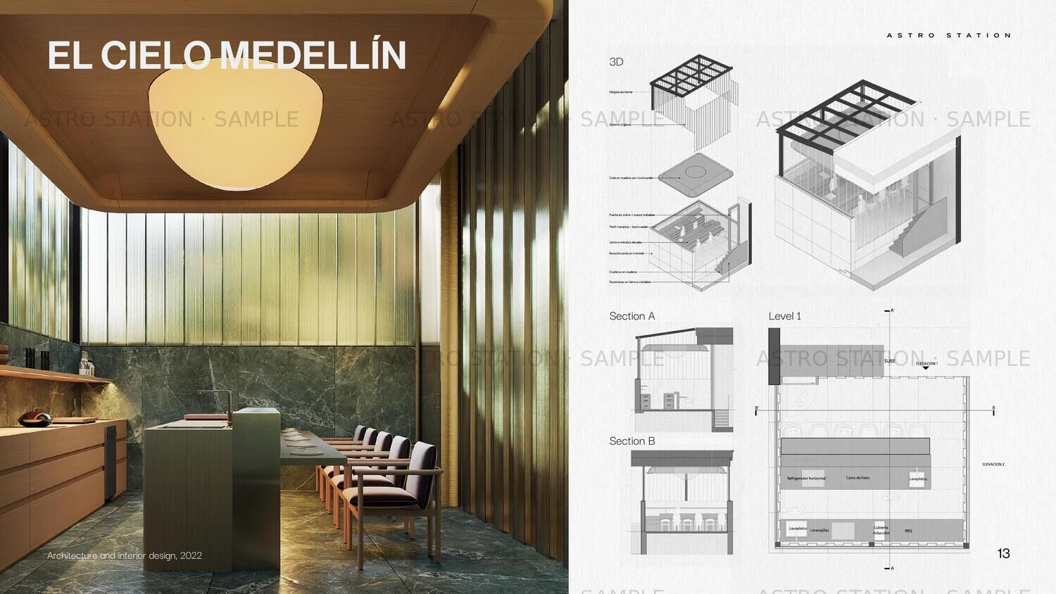 El Cielo · Omakase — presentation board with axonometric and sections
