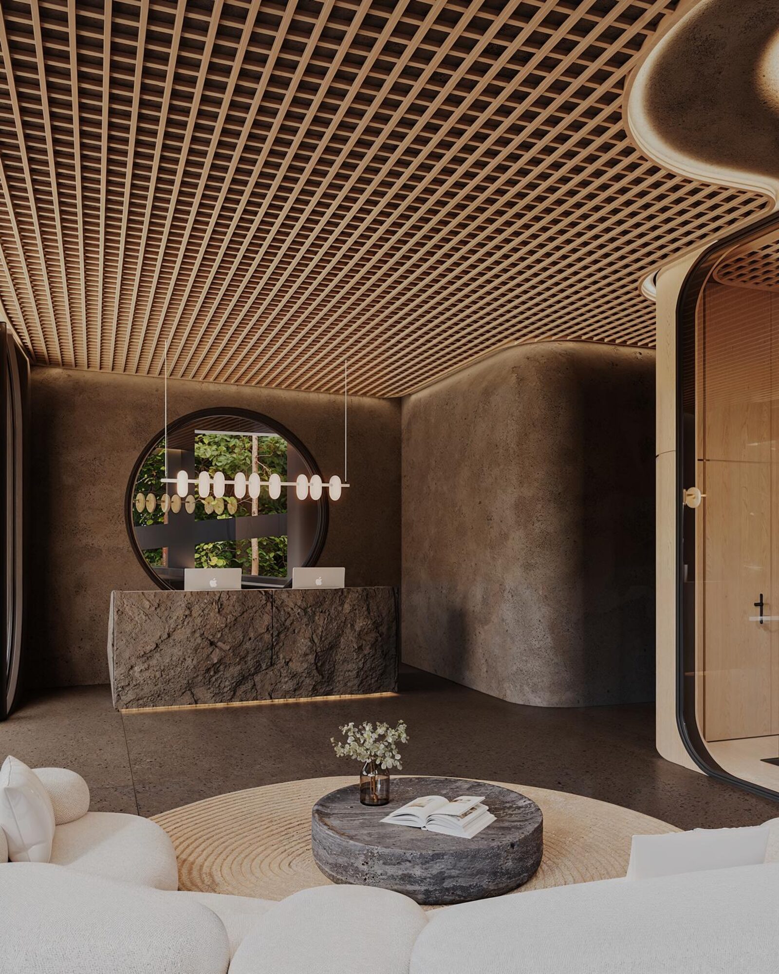Spa lobby — timber-grid ceiling