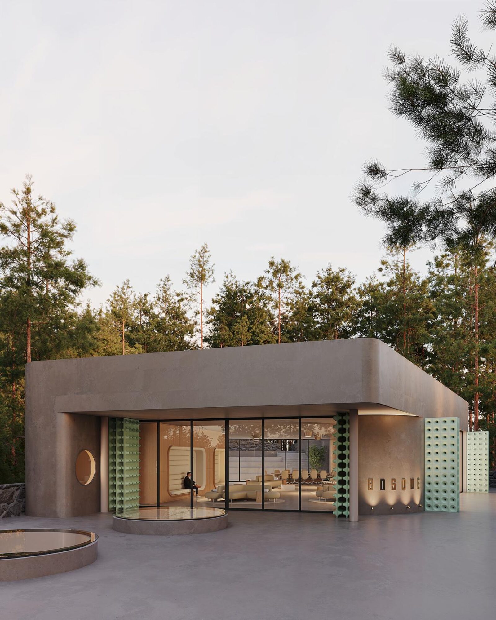 Exterior — the glass pavilion at dusk
